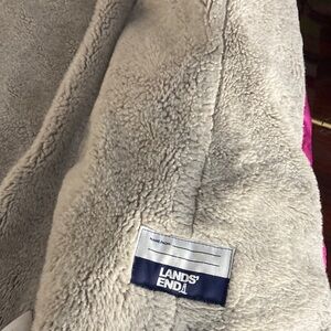 Lands' End Kids Plush Puffer Jacket in Light Gray with Pink Accent